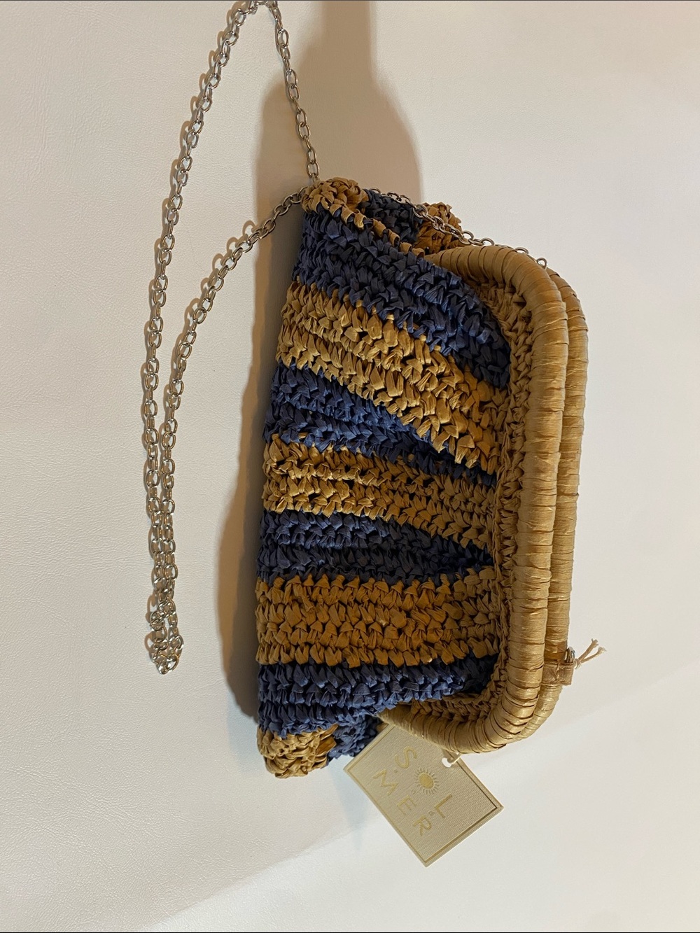 Striped Navy and Tan Woven Clutch with Chain Strap